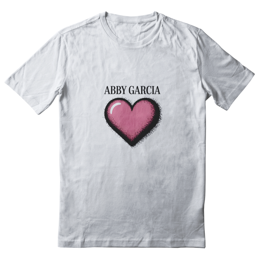 Abby Garcia Grunge Dithered simple Heart- Not realistic. Use a thin serif font. Use baby pink. shirt