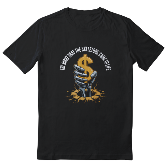 ANIMATEDGIF Skeleton hand bursting from the ground, grasping a golden dollar sign shirt